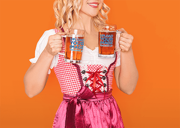 Oktoberfest Themed Mockup Featuring A Waitress Holding Two Beer Mugs