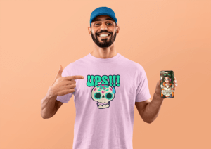 Round Neck T Shirt Mockup Of A Bearded Man Pointing To His Iphone Screen