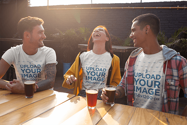 T Shirt Mockup Featuring Three Friends Enjoying A Beer