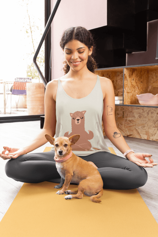 Bella Canvas Tank Top Mockup Of A Smiling Woman Practicing Yoga While Looking At Her Dog