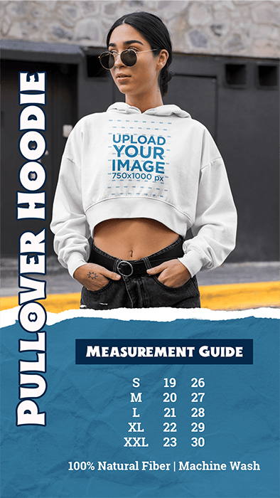 Crop Top Hoodie Mockup Of A Serious Woman Featuring A Size Chart