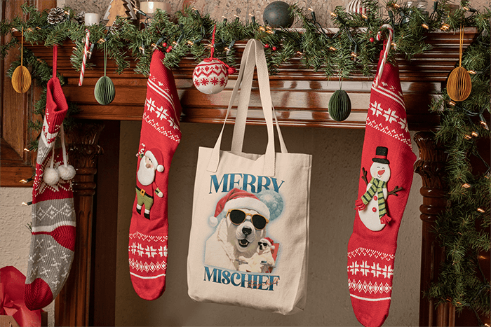 Mockup Of A Tote Bag Hanging Between Christmas Stockings