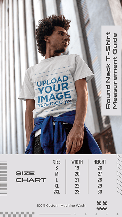 T Shirt Mockup Of A Man Posing By A Building Featuring A Size Chart