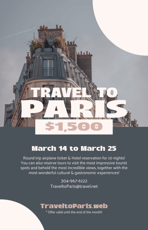 Glam Flyer Featuring A Paris Round Trip Reservations Ad