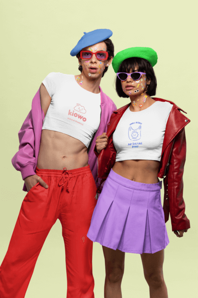 Bella Canvas Crop Top Mockup Featuring A Stylish Couple With Face Stickers