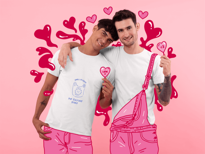 T Shirt Mockup Of An Lgbt Couple Holding Heart Shaped Lollipops