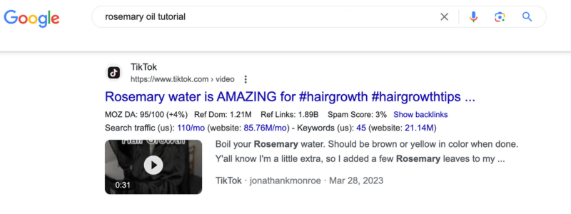 Tiktok Video Appearing In Google Search Results For The Term 'rosemary Oil Tutorial