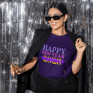 Bella Canvas T Shirt Mockup Featuring A Cheerful Woman With A Glass Of Wine In A New Year S Party