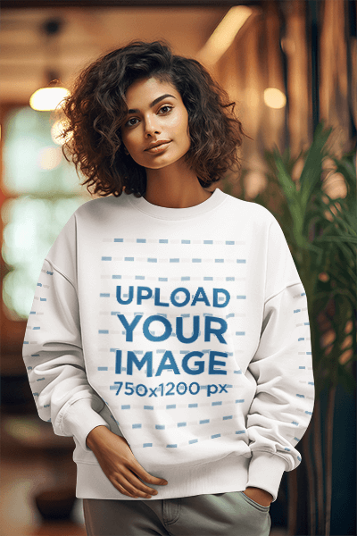 Sweatshirt Mockup Featuring An Ai Generated Woman Posing In A Cabin