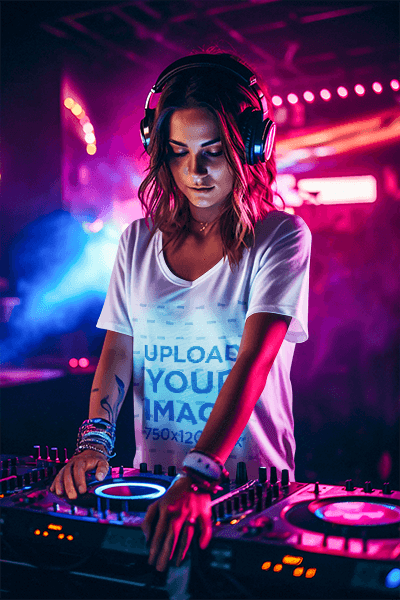 T Shirt Mockup Featuring A Dj Woman Playing Some Beats In A Club
