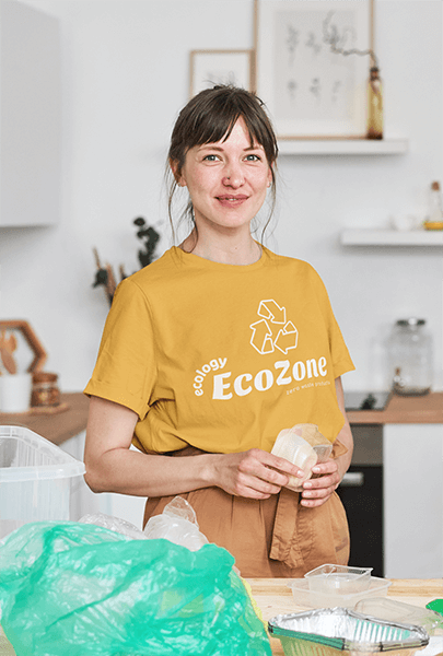 T Shirt Mockup Of A Happy Woman Recycling Plastic At Home