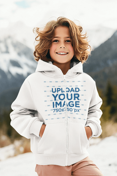 Winterwear Mockup Of A Smiling Boy Wearing A Full Zip Hoodie In A Snowy Landscape