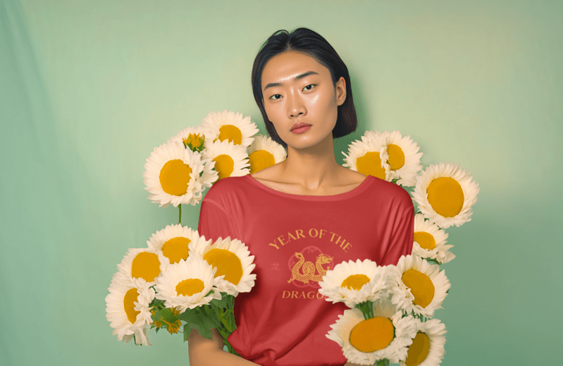 AI Generated Mockup Featuring A Serious Woman Wearing A T Shirt And Surrounded By Flowers
