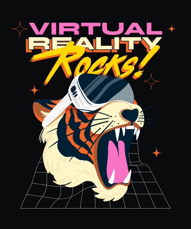 Gaming Themed T Shirt Design Featuring A Roaring Tiger With A VR Device