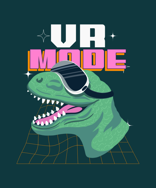 T Shirt Design Featuring An Illustrated Dinosaur With A VR Headset