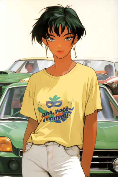 Illustrated Mockup Featuring An Anime Woman Wearing A T Shirt In Front Of Cars