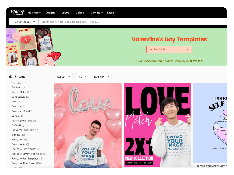 Placeit's Valentine's Day Templates Landing Page With An Unconventional Valentine's Day Color Palette
