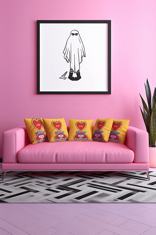 Ai Created Mockup Of An Art Print Placed Over A Pink Sofa With Customizable Pillows