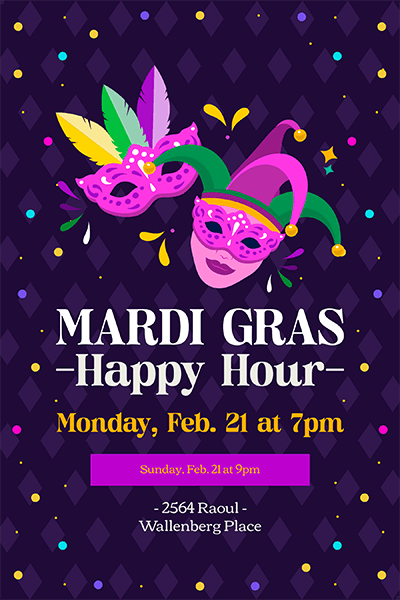 Colorful Invitation Design Creator For A Mardi Gras Happy Hour With Illustrated Masks