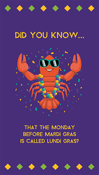 Instagram Story Creator Featuring An Illustrated Lobster With A Mardi Gras Fun Fact