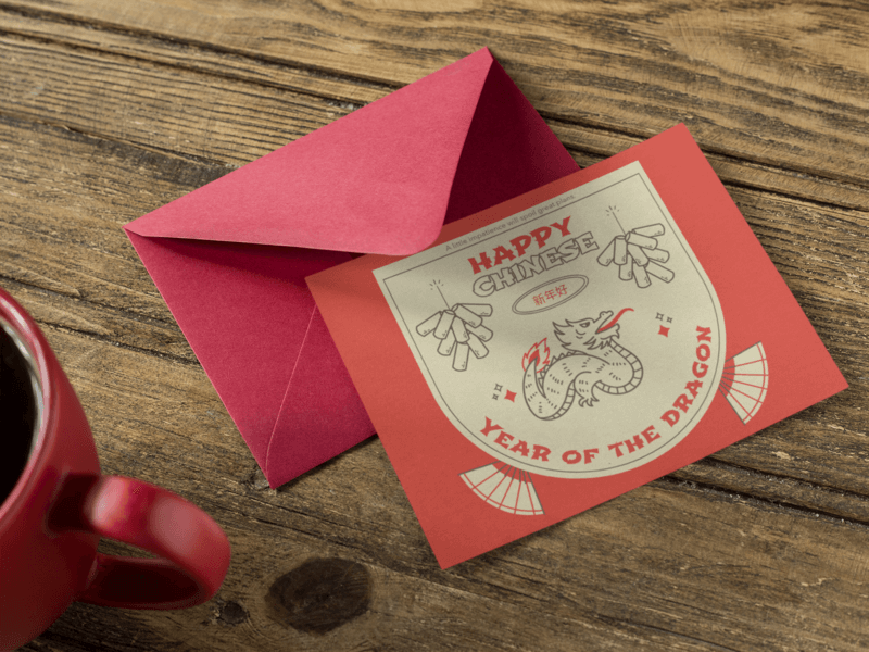 Invitation Template With Red Envelope And Red Coffee Mug On A Wooden Table
