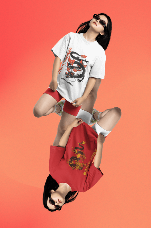 Oversized T Shirt Mockup Featuring A Duplicated Woman With Sunglasses