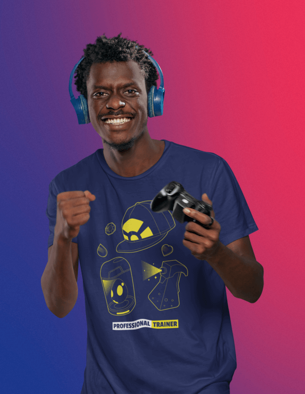 T Shirt Mockup Of An Excited Man With Afro Hair Playing Virtual Games