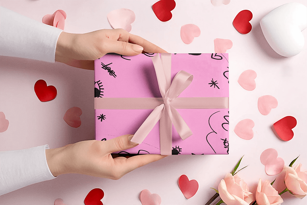 Wrapping Paper Mockup Featuring An Ai Generated Woman Holding A Valentine S Day Gift