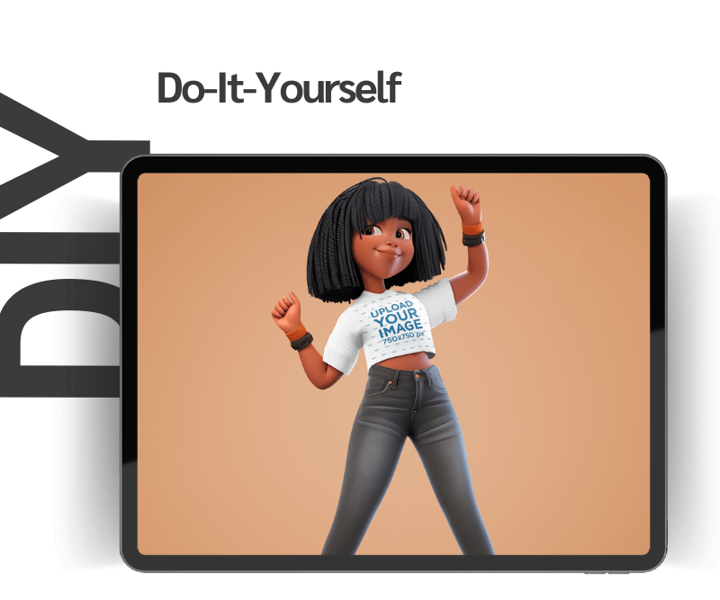 A T Shirt Mockup Featuring A 3d Female Character On An Ipad Featuring A Do It Yourself Message