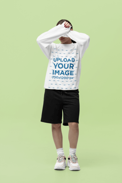 Gildan Sweatshirt Mockup Of A Woman Hiding Her Face With Her Arms In A Studio