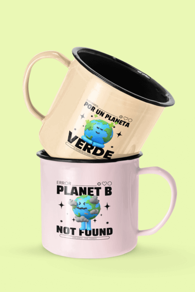 Mockup Of Two 12 Oz Enamel Mugs Placed Against A Plain Color Backdrop For Earth Day