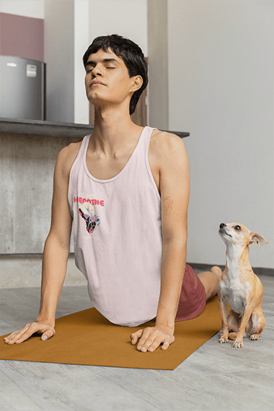 Bella Canvas Tank Top Mockup Featuring A Man Doing Yoga Next To His Puppy