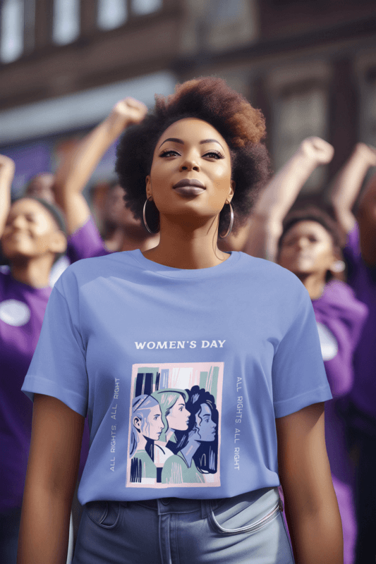 Crewneck Tee Mockup Featuring An AI Created Woman Marching For Women's Day