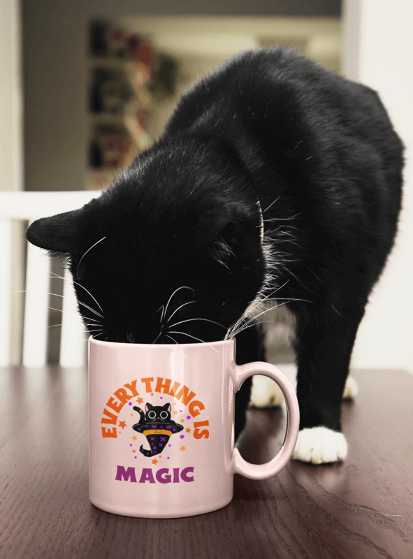 Mockup Of A Cat Drinking From An 11 Oz Coffee Mug