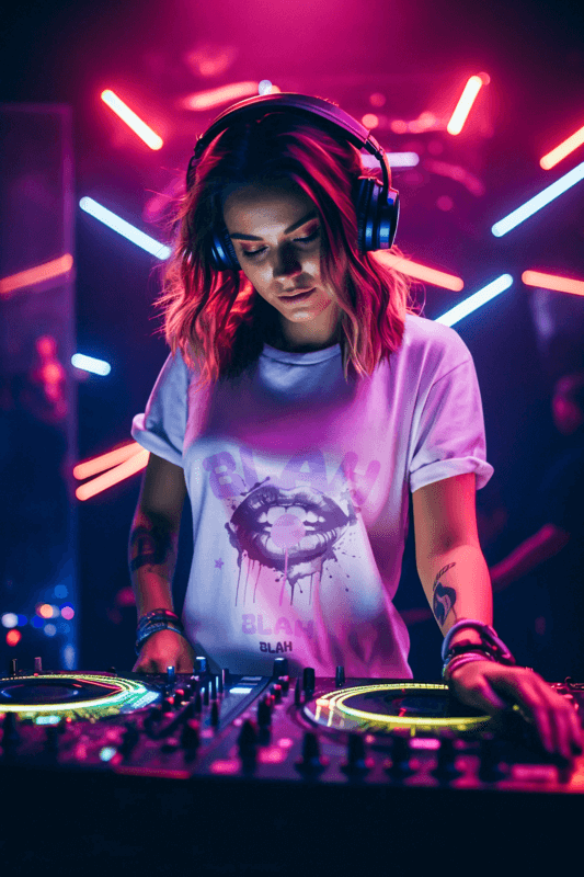 Mockup Of A Female Dj Wearing A Crewneck Tee In A Nightclub With Neon Lights
