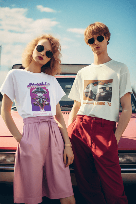 Round Neck T Shirt Mockup Of An AI Generated Man And Woman With An 80s Style