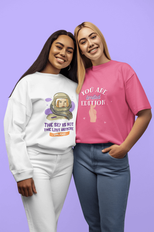 Sweatshirt And T Shirt Mockup Featuring Two Ai Generated Women Smiling For International Women's Day