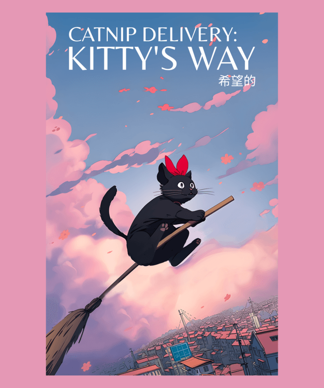 T Shirt Design Creator Featuring A Cat On A Flying Broom Inspired By Kiki's Delivery Service