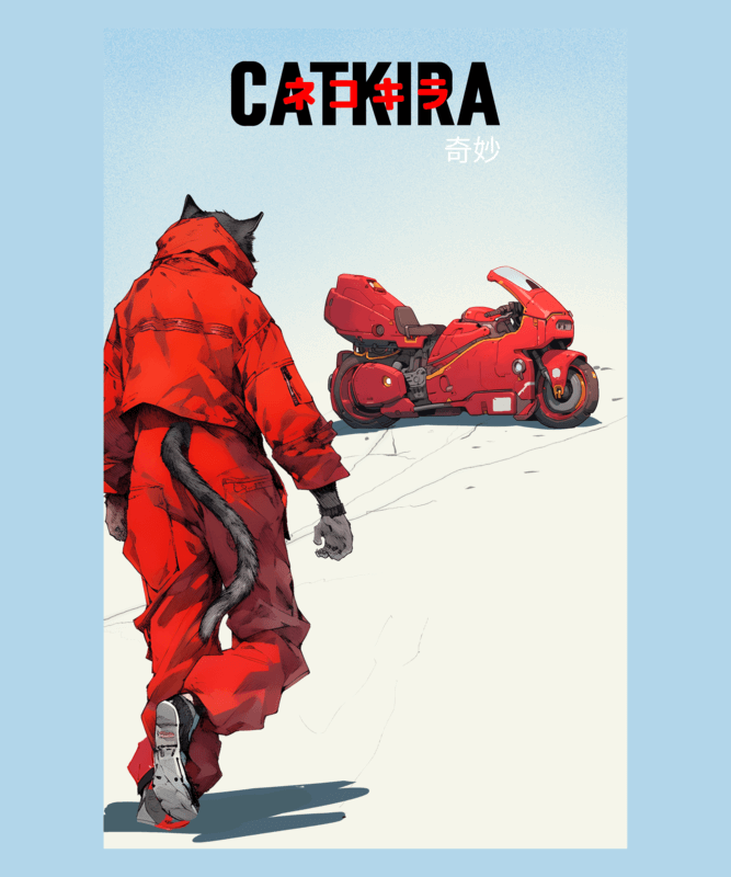 T Shirt Design Creator Featuring An Akira Inspired Cat And A Motorcycle Illustration