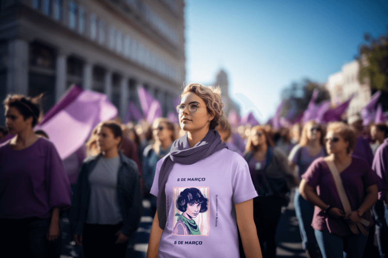 T Shirt Mockup Featuring An AI Created Woman In A Women's Day March