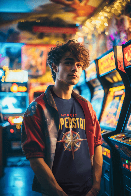 T Shirt Mockup Of An AI Created Man Wearing An 80s Inspired Outfit In An Arcade