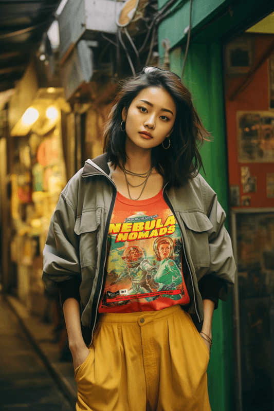 T Shirt Mockup Of An AI Generated Woman In A 90s Inspired Outfit With Baggy Garments
