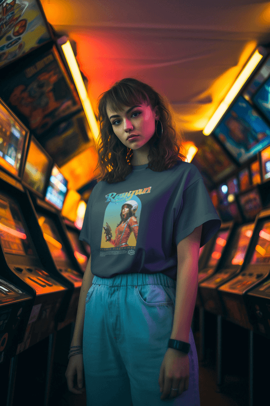 T Shirt Mockup Of An AI Generated Woman With A Retro 80s Look