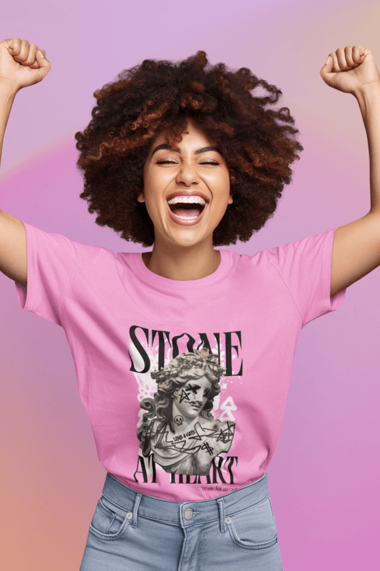 T Shirt Mockup Of An AI Generated Woman With Afro Hair Cheering