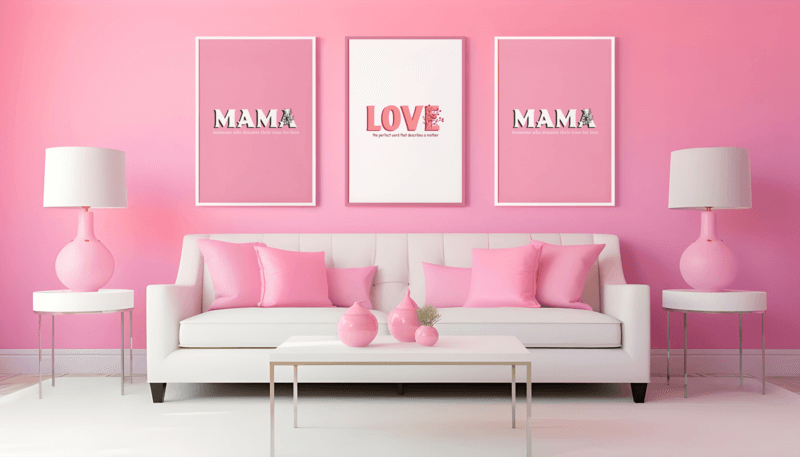 AI Generated Mockup Of Three Art Prints Placed In A Barbie Themed Decorated Living Room
