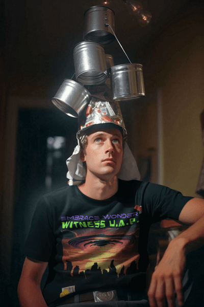 AI Generated Tee Mockup Of A Man With An Aluminum Hat Protecting From The Aliens