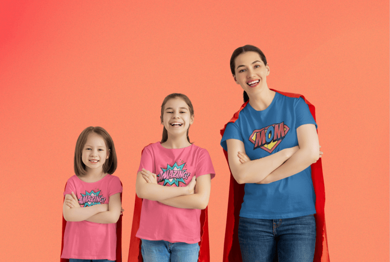 Crewneck T Shirt Mockup Of A Mom And Her Daughters Wearing Hero Capes