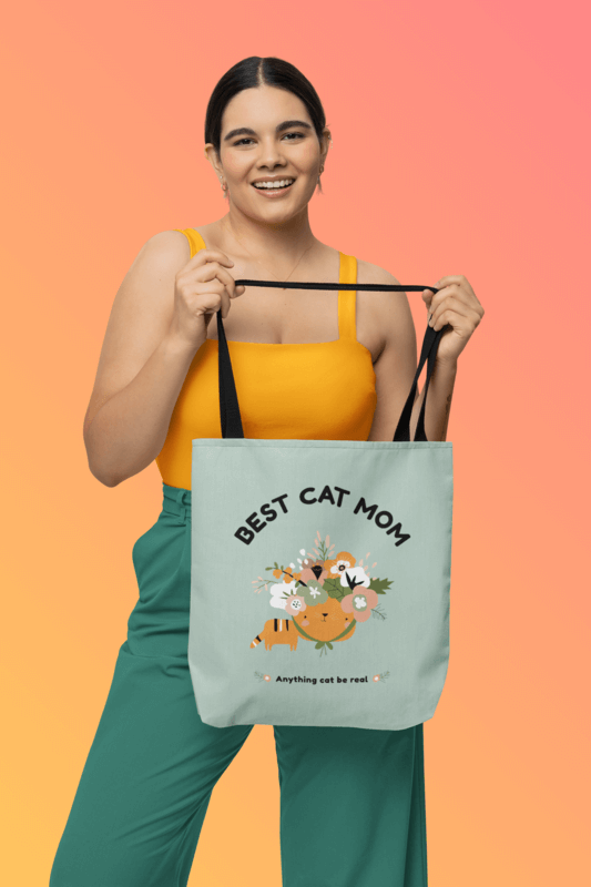 Mockup Of A Smiling Woman Showing Off Her New Tote Bag