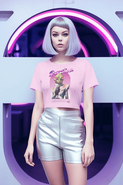 Mockup Of An AI Created Woman In A Futuristic Setting Wearing A Crewneck Crop Top