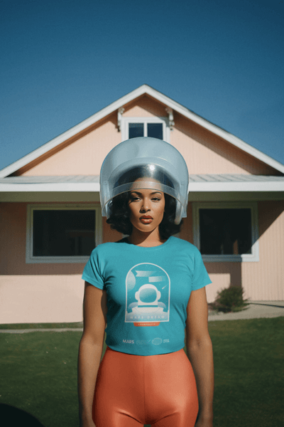 Round Neck T Shirt Mockup Featuring An AI Generated Woman In A Retro Futuristic Setting